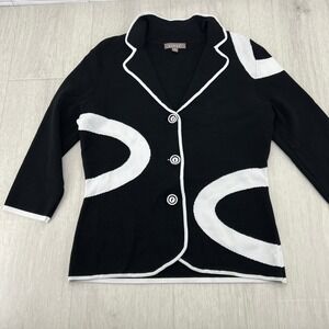 KENAR Black White Geometric Knit‎ Cardigan Blazer Jacket Womens M